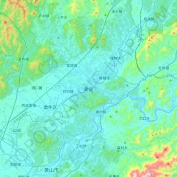 Topografisk kart Shexian, høyde, relieff