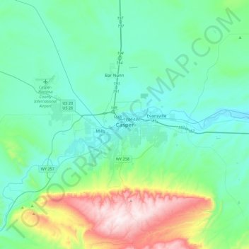 Topografisk kart Casper, høyde, relieff