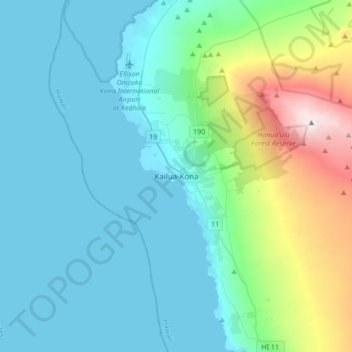Topografisk kart Kailua-Kona, høyde, relieff