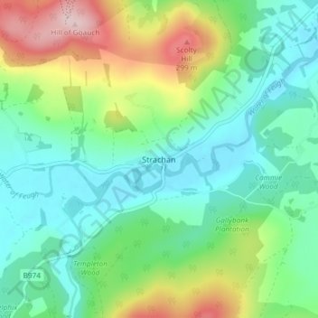 Topografisk kart Strachan, høyde, relieff