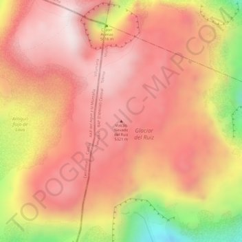 Topografisk kart Volcán Nevado del Ruiz, høyde, relieff