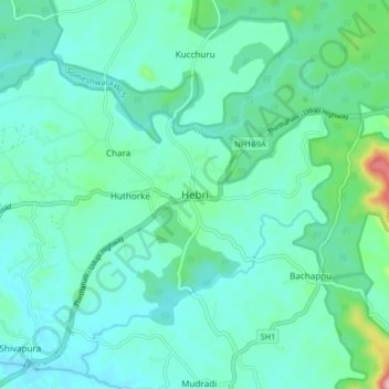 Topografisk kart Hebri, høyde, relieff