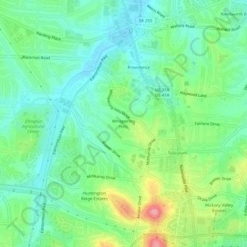 Topografisk kart Whispering Hills, høyde, relieff