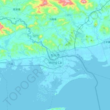 Topografisk kart Dongxing, høyde, relieff