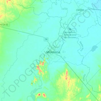 Topografisk kart Montería, høyde, relieff