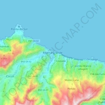 Topografisk kart Ribeira Grande, høyde, relieff