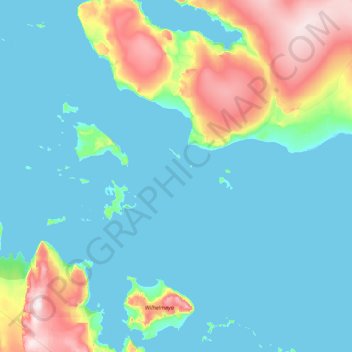 Topografisk kart Perthesøya, høyde, relieff