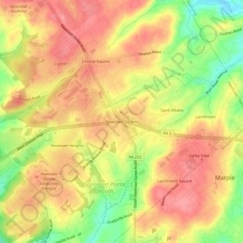 Topografisk kart Newtown Square, høyde, relieff