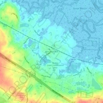 Topografisk kart West Barnstable, høyde, relieff