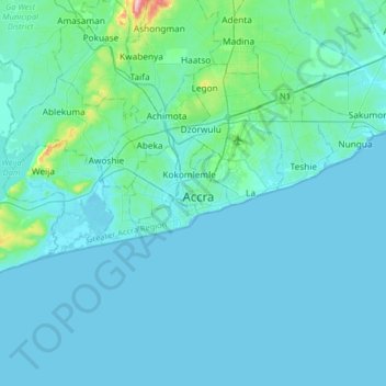 Topografisk kart Accra, høyde, relieff