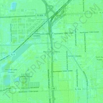 Topografisk kart Biscayne Gardens, høyde, relieff