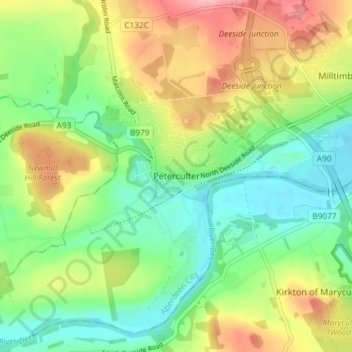 Topografisk kart Peterculter, høyde, relieff