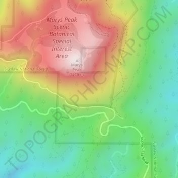 Topografisk kart Coast Range, høyde, relieff