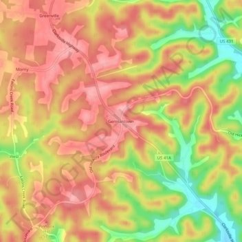 Topografisk kart Germantown, høyde, relieff