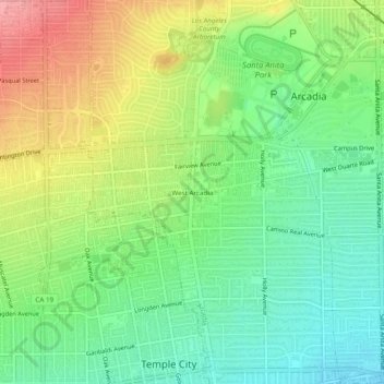 Topografisk kart West Arcadia, høyde, relieff