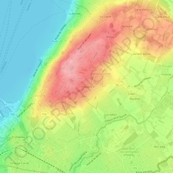 Topografisk kart Chougny, høyde, relieff