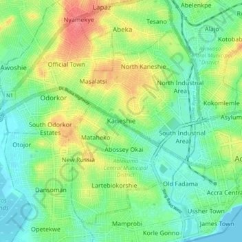 Topografisk kart Kaneshie, høyde, relieff