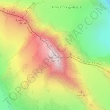 Topografisk kart Finsteraarhorn, høyde, relieff
