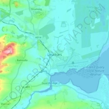 Topografisk kart Leuchars, høyde, relieff