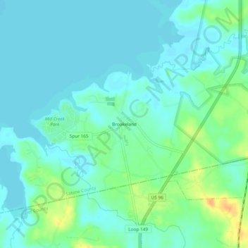 Topografisk kart Brookeland, høyde, relieff