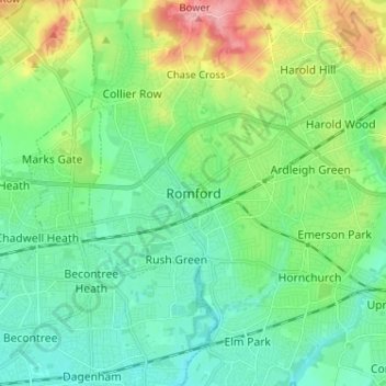 Topografisk kart Romford, høyde, relieff