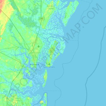 Topografisk kart Saint Simons Island, høyde, relieff