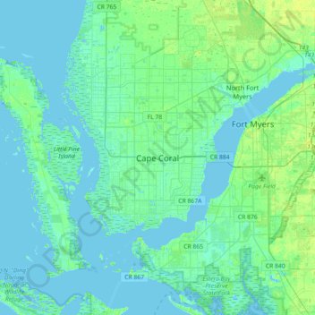 Topografisk kart Cape Coral, høyde, relieff
