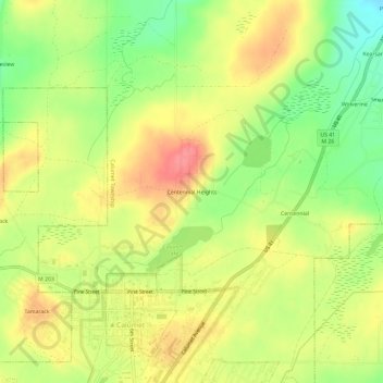 Topografisk kart Centennial Heights, høyde, relieff
