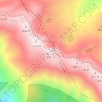Topografisk kart Uludağ, høyde, relieff