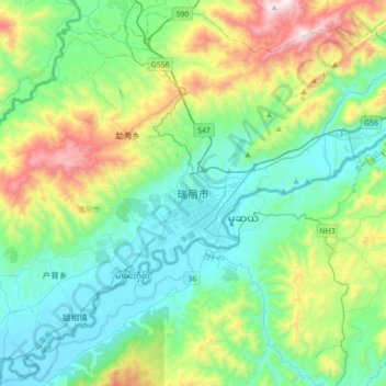 Topografisk kart Ruili, høyde, relieff