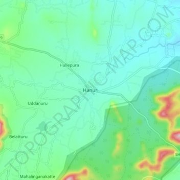 Topografisk kart Hanur, høyde, relieff