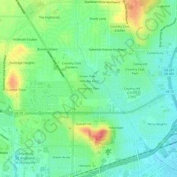 Topografisk kart University Park, høyde, relieff