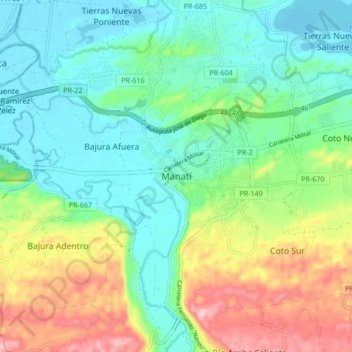 Topografisk kart Manatí, høyde, relieff