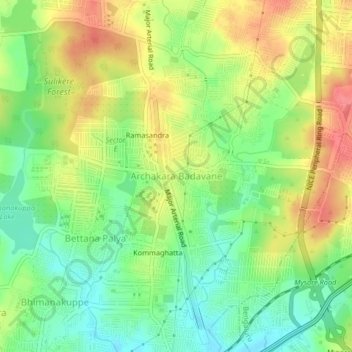 Topografisk kart Archakara Badavane, høyde, relieff