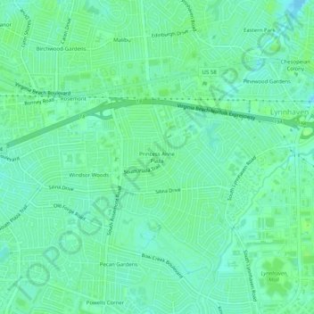 Topografisk kart Princess Anne Plaza, høyde, relieff