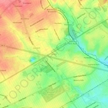 Topografisk kart Kirklyn, høyde, relieff