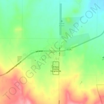 Topografisk kart Calhan, høyde, relieff