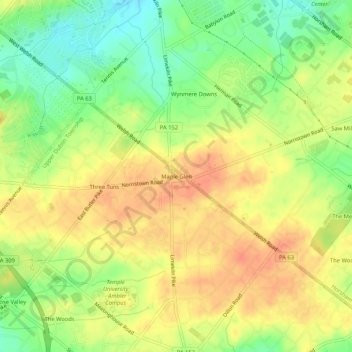 Topografisk kart Maple Glen, høyde, relieff