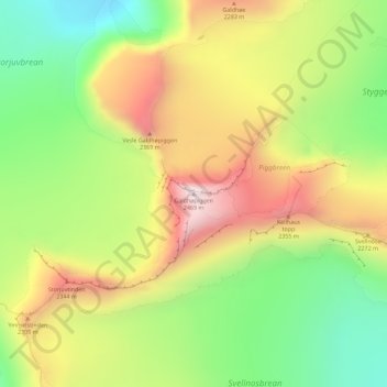 Topografisk kart Galdhøpiggen, høyde, relieff