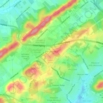 Topografisk kart Cherokee Ridge, høyde, relieff