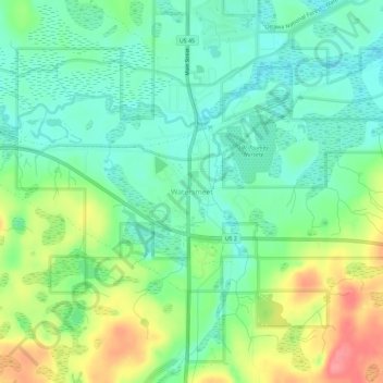 Topografisk kart Watersmeet, høyde, relieff