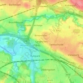 Topografisk kart Calderbraes, høyde, relieff