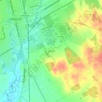 Topografisk kart Oak Hill, høyde, relieff