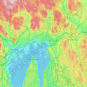 Topografisk kart Oslo, høyde, relieff