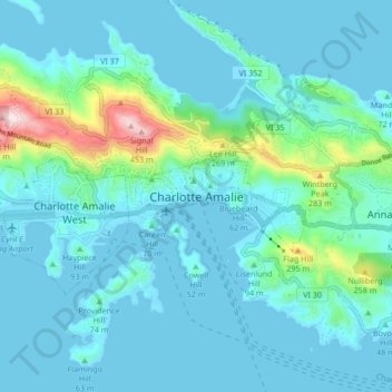 Topografisk kart Charlotte Amalie, høyde, relieff