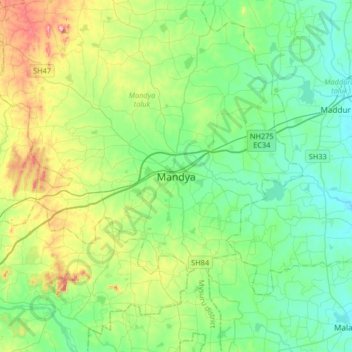 Topografisk kart Mandya, høyde, relieff