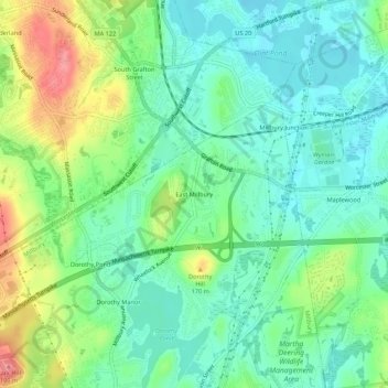 Topografisk kart East Millbury, høyde, relieff