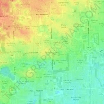 Topografisk kart North Farmington, høyde, relieff