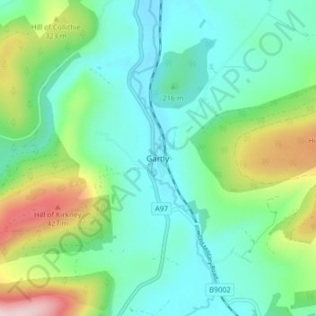 Topografisk kart Gartly, høyde, relieff