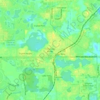 Topografisk kart Crystal Lake Shores, høyde, relieff